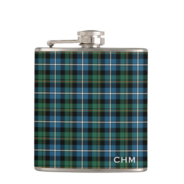 Clan MacRae Hunting Tartan Monogram Hip Flask (Front)