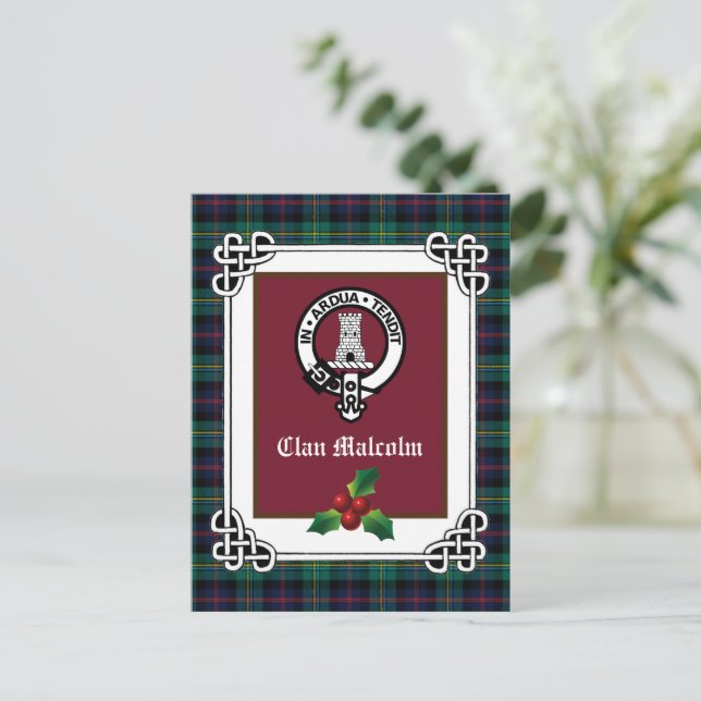 Clan Malcolm Crest Badge & Tartan Holiday Postcard (Standing Front)