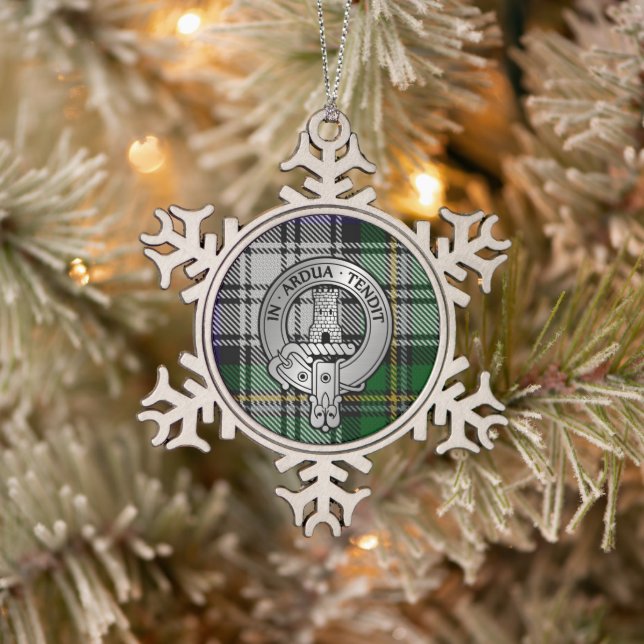 Clan Malcolm Crest & Dress Tartan Snowflake Pewter Christmas Ornament (Tree)