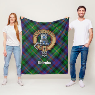 Clan Malcolm Crest over Tartan Fleece Blanket
