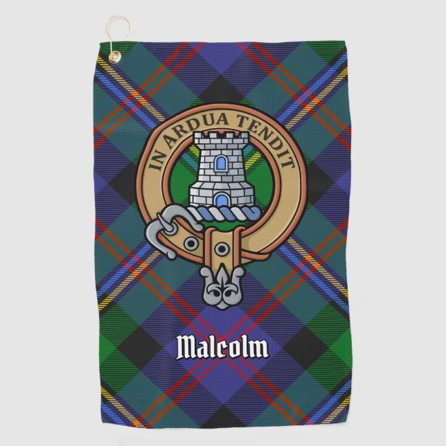 Clan Malcolm Crest over Tartan Golf Towel (Front)