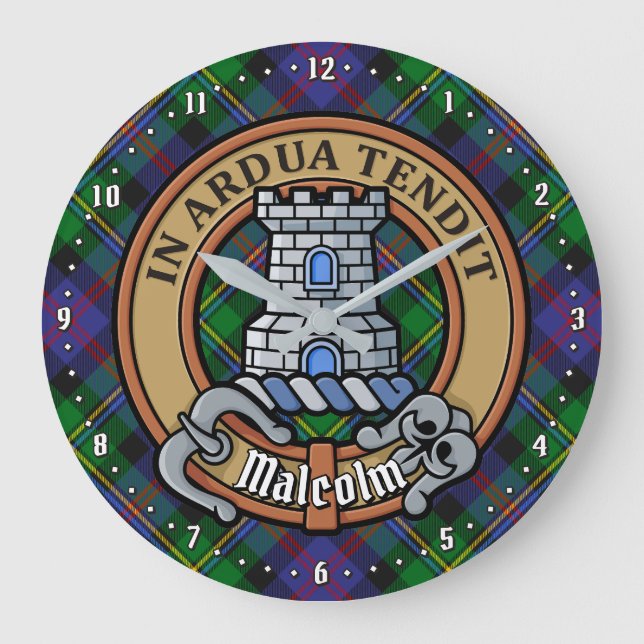 Clan Malcolm Crest over Tartan Large Clock (Front)