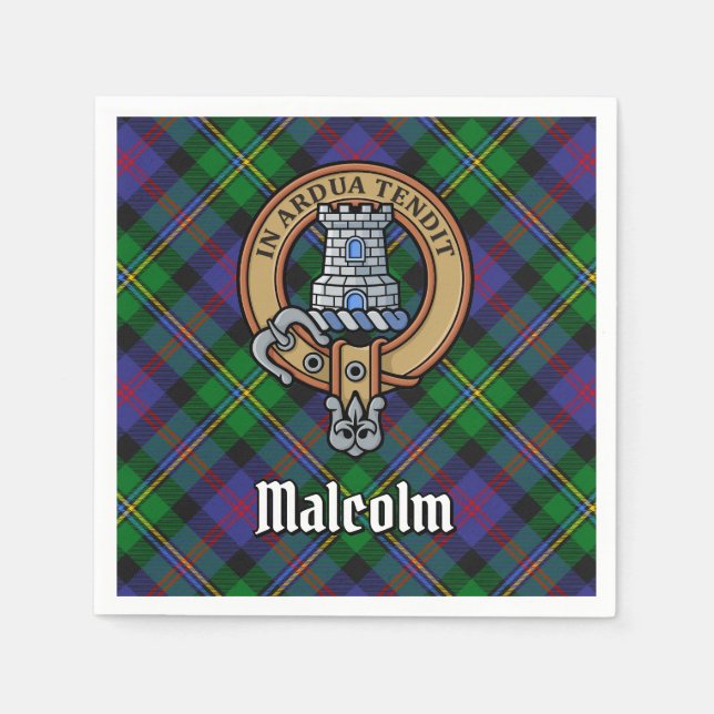 Clan Malcolm Crest over Tartan Napkin (Front)