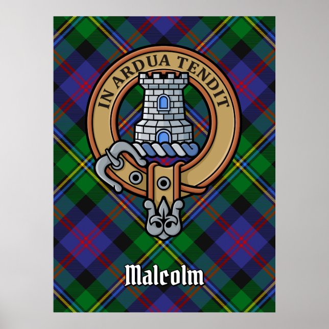 Clan Malcolm Crest over Tartan Poster (Front)