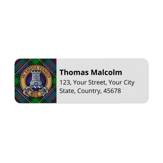Clan Malcolm Crest over Tartan Return Address Label (Front)
