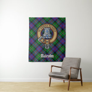Clan Malcolm Crest over Tartan Tapestry