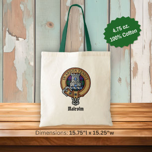 Clan Malcolm Crest over Tartan Tote Bag