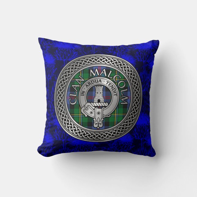 Clan Malcolm Crest & Tartan Knot Cushion (Front)