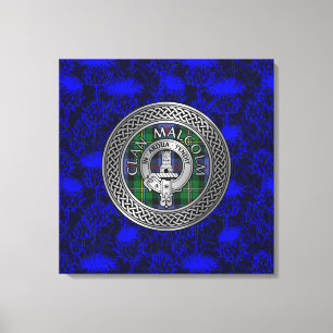 Clan Malcolm Crest & Tartan Knot on Thistle Canvas Print