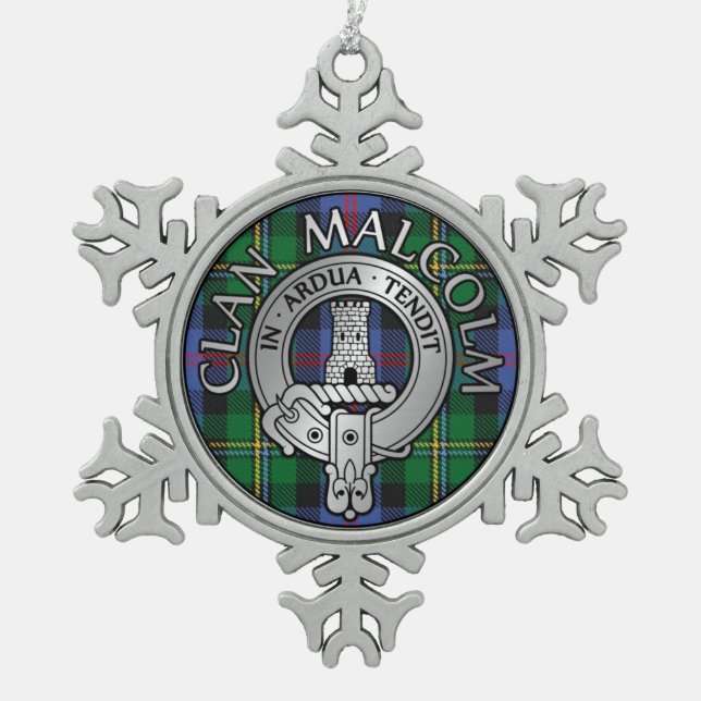 Clan Malcolm Crest & Tartan Snowflake Pewter Christmas Ornament (Front)