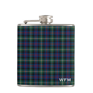 Clan Malcolm Tartan Dark Blue and Green Monogram Hip Flask