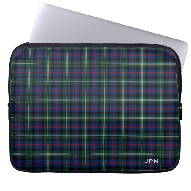 Clan Malcolm Tartan Dark Blue Plaid Monogram Laptop Sleeve (Front)