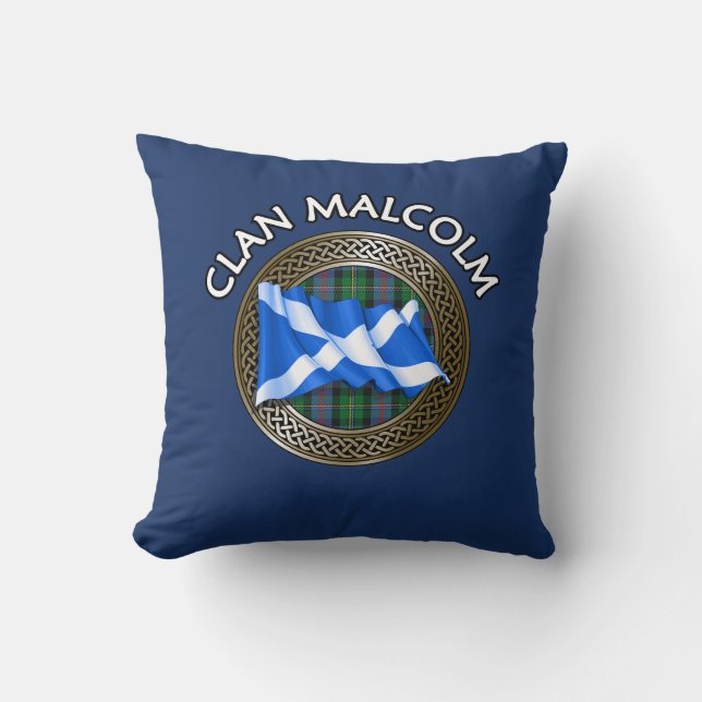 Clan Malcolm Tartan Knot & Flag Cushion (Front)
