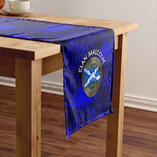 Clan Malcolm Tartan Knot & Flag Short Table Runner (In Situ)
