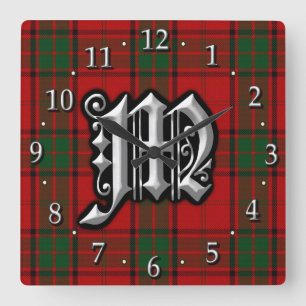 Clan Maxwell Letter M Monogram Red Green Tartan Square Wall Clock