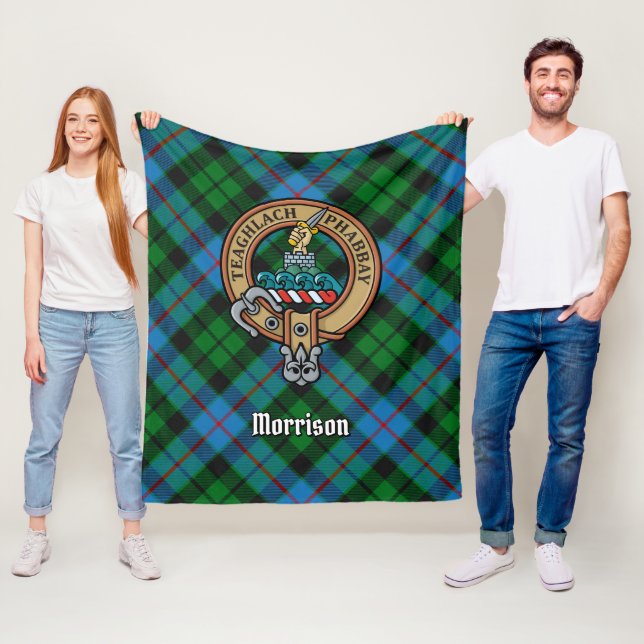 Clan Morrison Crest over Hunting Tartan Fleece Blanket (In Situ)