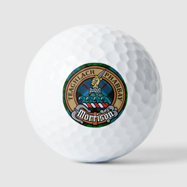 Clan Morrison Crest over Hunting Tartan Golf Balls (Front)