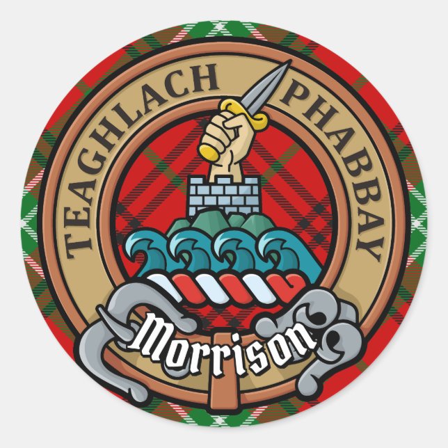Clan Morrison Crest over Red Tartan Classic Round Sticker (Front)