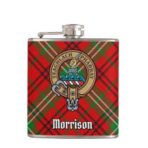 Clan Morrison Crest over Red Tartan Hip Flask
