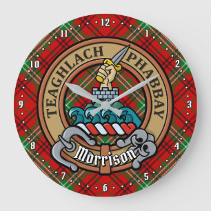 Clan Morrison Crest over Red Tartan Large Clock