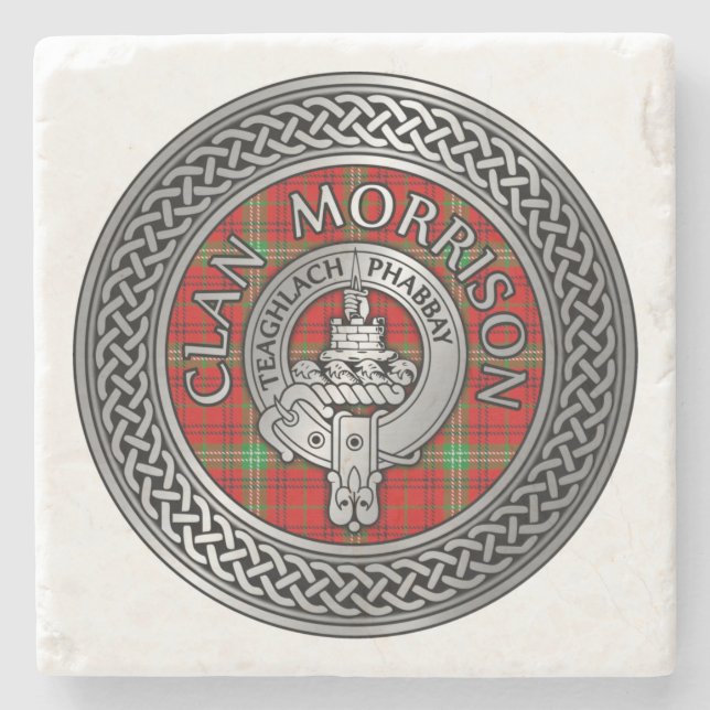 Clan Morrison Crest & Tartan Knot Stone Coaster (Front)