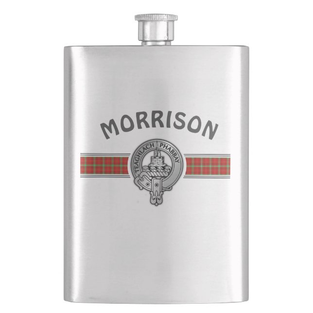 Clan Morrison (Edit) Crest & Tartan Hip Flask (Front)