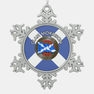 Clan Morrison Tartan Knot & Flag Snowflake Pewter Christmas Ornament