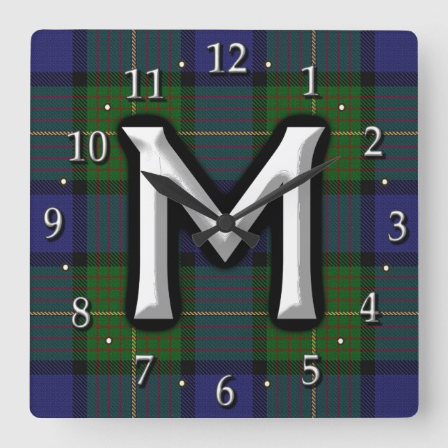 Clan Muir Letter M Monogram Tartan Square Wall Clock (Front)