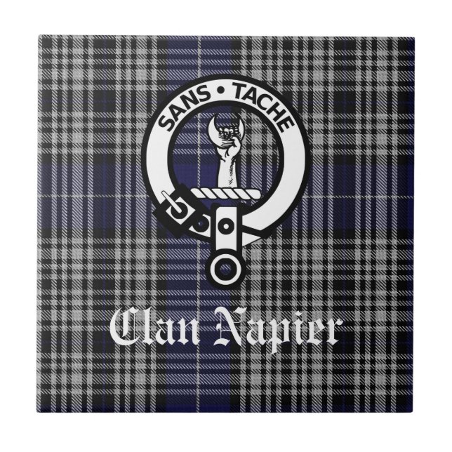 Clan Napier Crest Badge and Tartan Ceramic Tile (Front)