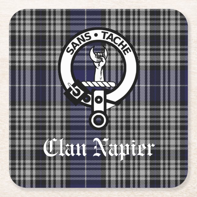 Clan Napier Crest Badge and Tartan Square Paper Coaster (Front)