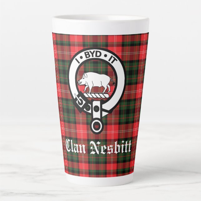 Clan Nesbitt Crest Badge & Tartan Personalised Latte Mug (Front)