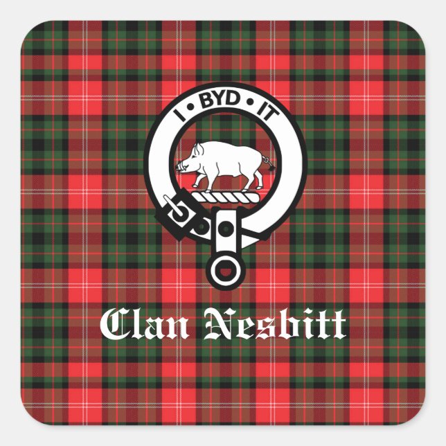 Clan Nesbitt Crest Badge & Tartan Personalised Square Sticker (Front)