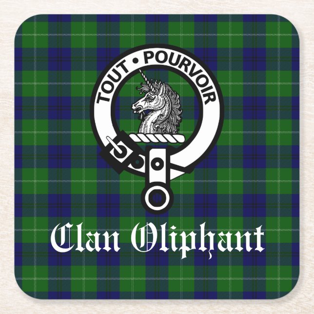 Clan Oliphant Crest Badge and Tartan Square Paper Coaster (Front)