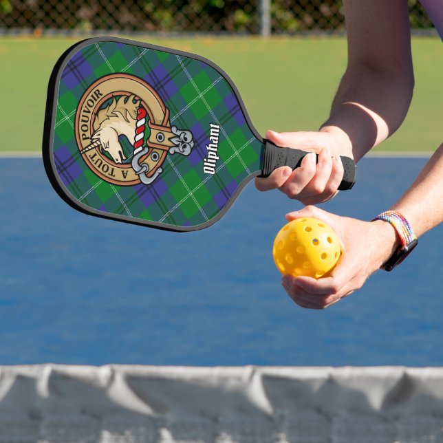 Clan Oliphant Crest over Tartan Keychain Pickleball Paddle (Insitu)
