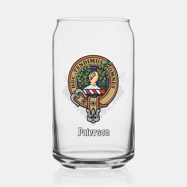 Clan Paterson Crest over Tartan Can Glass (Front)