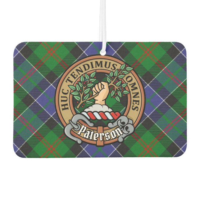 Clan Paterson Crest over Tartan Car Air Freshener (Front)