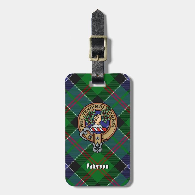 Clan Paterson Crest over Tartan Luggage Tag (Front Vertical)