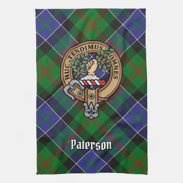Clan Paterson Crest over Tartan Tea Towel (Vertical)