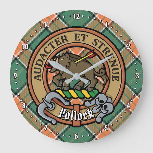 Clan Pollock Crest over Tartan Large Clock (Front)