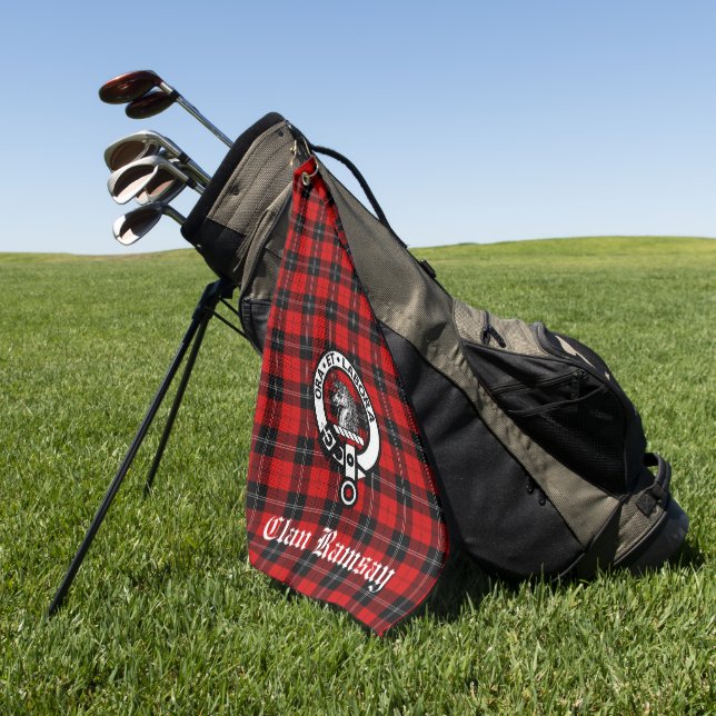 Clan Ramsay Crest Badge and Tartan Customisable  Golf Towel (Green)