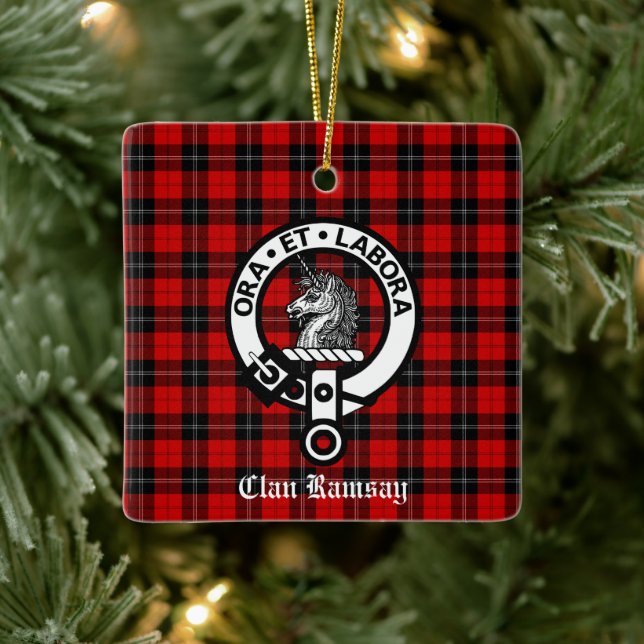 Clan Ramsay Crest Badge & Tartan Personalised Ceramic Ornament (Tree)