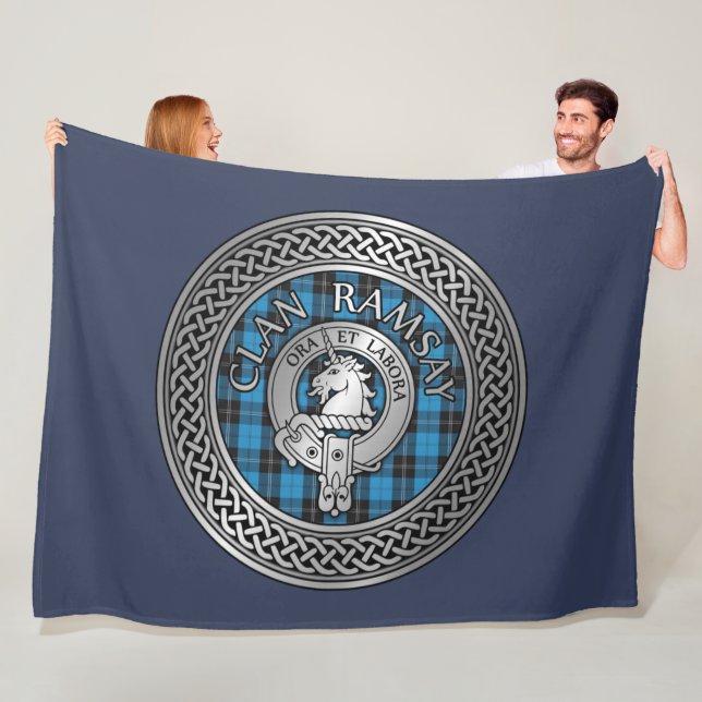 Clan Ramsay Crest & Hunting Tartan Knot Fleece Blanket (In Situ)