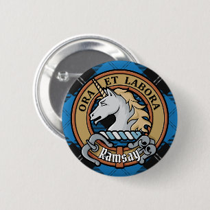 Clan Ramsay Crest over Blue Hunting Tartan 6 Cm Round Badge