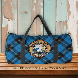 Clan Ramsay Crest over Blue Hunting Tartan Duffle Bag