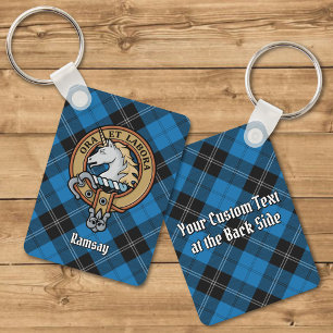 Clan Ramsay Crest over Blue Hunting Tartan Key Ring