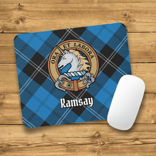 Clan Ramsay Crest over Blue Hunting Tartan Mouse Pad