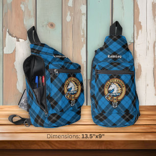 Clan Ramsay Crest over Blue Hunting Tartan Sling Bag