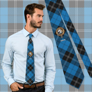Clan Ramsay Crest over Blue Hunting Tartan Tie