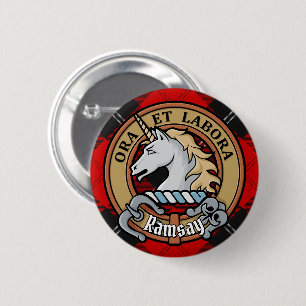 Clan Ramsay Crest over Red Tartan 6 Cm Round Badge