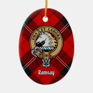 Clan Ramsay Crest over Red Tartan Ceramic Ornament